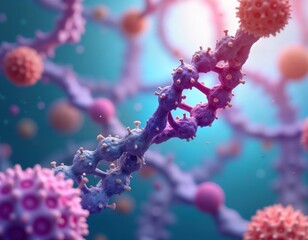 Poster - Colorful 3d model shows dna structure. Many different colored cells around. Microbiology science image. Microscopic cells, dna molecules. Biological cell structures in dna strands. Purple, blue