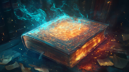 mystical tome aglow with stories from ancient times, holding secrets within its pages. arcane. illus