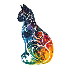 Poster - Colorful floral ornament stylized illustration of a seated cat, perfect for creative projects, with a transparent background
