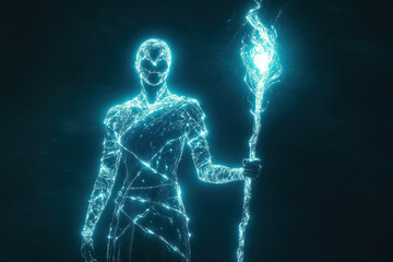Poster - A glowing figure stands alone, staff in hand, blending technology and art in a dark backdrop