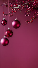Wall Mural - Vertical red wine colored Christmas and New Year background. Christmas decorations with burgundy ornaments hang on a rich burgundy background with copy space
