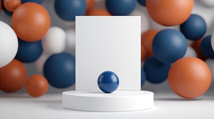 Poster - Floating spheres in red, blue, and white create a vibrant, abstract atmosphere against a dark wooden floor, evoking a sense of depth and motion
