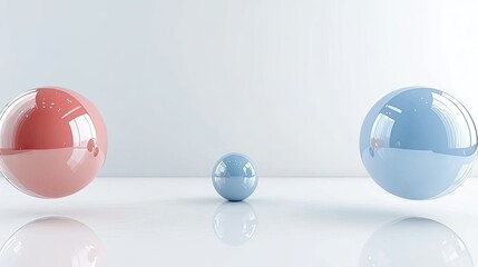 Poster - Floating spheres in red, blue, and white create a vibrant, abstract atmosphere against a dark wooden floor, evoking a sense of depth and motion
