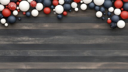 Poster - Floating spheres in red, blue, and white create a vibrant, abstract atmosphere against a dark wooden floor, evoking a sense of depth and motion