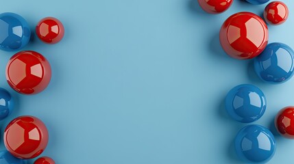 Poster - Floating spheres in red, blue, and white create a vibrant, abstract atmosphere against a dark wooden floor, evoking a sense of depth and motion
