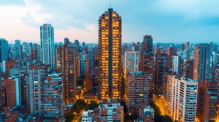  Peak energy capacity concept, A vibrant city skyline at dusk, showcasing high-rise buildings illuminated against a twilight sky.