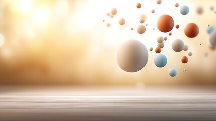 Poster - Floating spheres in red, blue, and white create a vibrant, abstract atmosphere against a dark wooden floor, evoking a sense of depth and motion