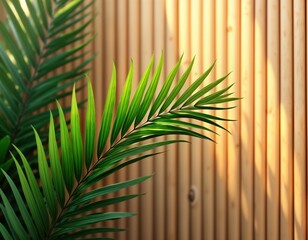 Aufkleber - Green palm leaves against light brown wooden wall. Natural light shines through leaves creating shadows. Tropical vibe. Stylish backdrop for magazine layout product display. Minimalist design for