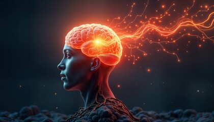 Fototapete - Human head profile glows brightly. Brain emits radiant energy. Ideas burst forth. Creative potential. Innovation. Person contemplates. Abstract tech concept. Inspiration. Future. Mind at work.