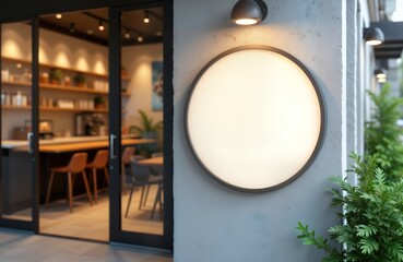 Aufkleber - Blank white circular sign on exterior wall of cafe. Modern cafe design. Empty signboard for business name logo. Exterior of modern retail shop eatery. Stylish business facade. Empty display space for