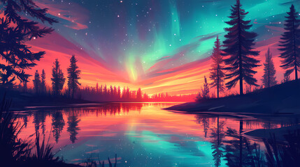 Wall Mural - Beautiful northern lights aurora borealis over lake in finland. Aurora. Illustration