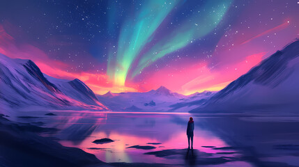 Wall Mural - Northern lights aurora borealis over beautiful lake landscape. Aurora. Illustration