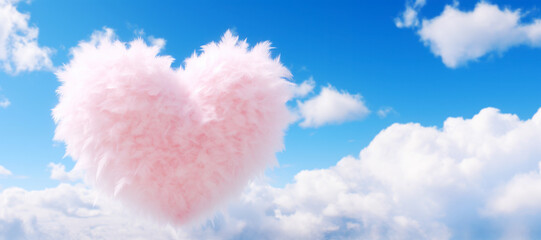 Wall Mural - fluffy heart made of pink feathers over blue sky, love concept