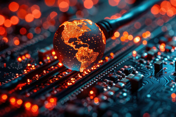 Poster - a globe symbolizing the Earth, connected to the network via a cable.  
