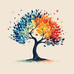 Poster - a tree with multi-colored leaves that create a smooth transition of colors from cool shades of blue and green on the left to warm shades of yellow, orange and red on the right. 