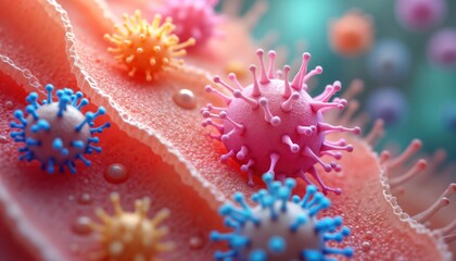 Poster - Microscopic view displays vibrant 3D-printed skin cells thriving on biodegradable scaffold. Advanced tech in tissue engineering shows cellular detail. Illustration potential for advanced wound