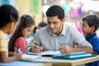 © Pete - Man writes in notebook. Teacher guides class. Students study at classroom desk. Focused learners take notes. Education scene with kids. Learning environment. Teacher explaining concept. Classroom