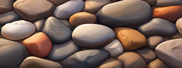 Poster - A natural stone wall texture with varied shades of brown rocks, ideal for distinctive interior decoration and creative wallpaper designs.
