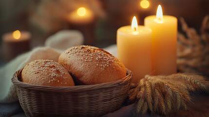 Wall Mural - A minimalistic image of a basket containing two homemade rye bread loaves, surrounded by candles and wheat stalks