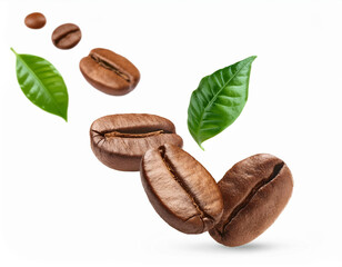 Wall Mural - coffee beans and green leaves on white background