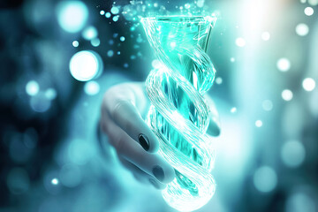 Poster - A glowing energy vial floats in a hand, surrounded by swirling light and an ethereal glow, showing advanced design