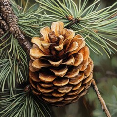 Poster - Half-open pine cone on branch with green needles