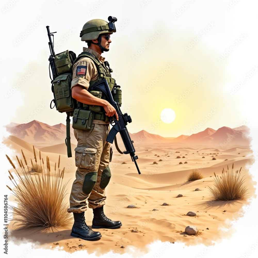 Military personnel stands in desert landscape. Armed soldier with gear ...