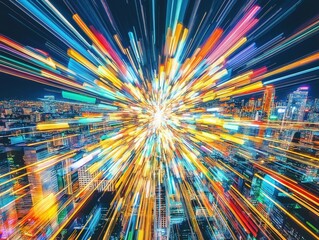 zoom burst exploding from center of cityscape at night