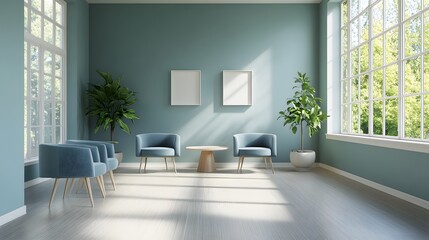 Sticker - Modern teal waiting area with natural light and plants.