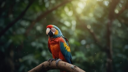 Wall Mural - Vibrant macaw perched on branch in lush rainforest.