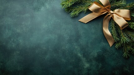 Canvas Print - Beautifully arranged Christmas gift with a golden ribbon, framed by pine branches on a serene dark green backdrop, ideal for holiday designs