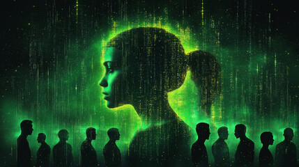 The image depicts a woman's profile, her form outlined by a digital green glow, against a backdrop of flowing binary code, creating a sense of technological advancement.
