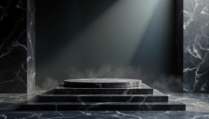 Aufkleber - Empty marble podium on dark stone floor in smoky room. Elegant black marble table. Modern interior design. Product display mockup. Showcase. 3D rendering. Stylish black marble. Empty stage.
