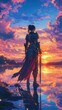 © Hafiz - Anime-style warrior princess standing by a mystical lake, vibrant sunset sky, armor with intricate designs
