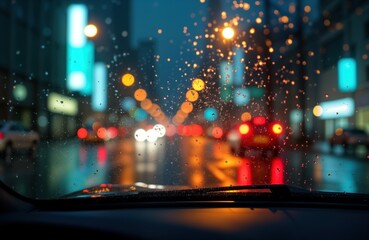 Poster - Rainy night city view from car window. Blurry city lights, rain drops on glass. Urban scene. Night traffic. Colorful lights. Abstract view. Wet street. Urban scene at night. Rainy weather. City view.
