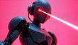 © miss irine - Futuristic robot fires laser beam. Advanced tech robot with glowing red eyes. Cybernetic device against vibrant neon pink background. Cool tech design. Powerful, striking image. Sci-fi illustration.