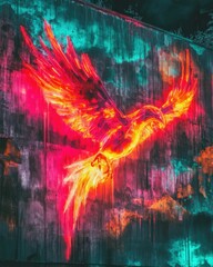 Naklejka na meble Fiery bird mural, vibrant colors, textured wall.