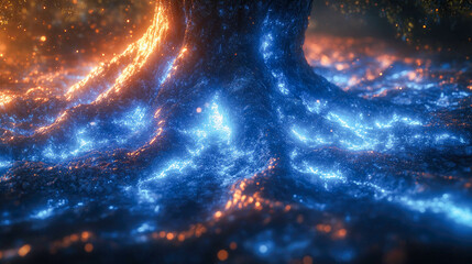 Poster - Abstract glowing tree with illuminated roots in fiery orange and electric blue tones, depicting vibrant energy and nature's power