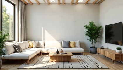 Poster - Sunlit living room with white sectional sofa, striped rug. Green plants add touch of nature. Modern, simple style. Empty room offers blank canvas for imagination. Great for home decor inspiration as