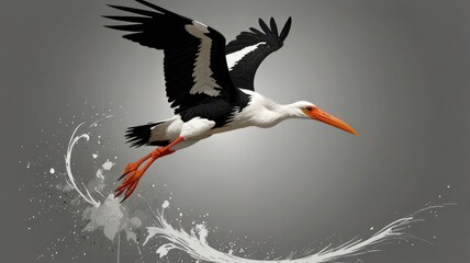 Majestic painted stork in flight, artistic splash background.