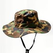 © Pete - Isolated camouflage boonie hat with wide brim, chin strap. Military style headwear. Stylish accessory perfect for summer outdoor adventures. Lightweight, hard-wearing. Excellent for hiking, camping,