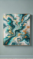 Abstract art pour painting framed on wall decor teal aqua turquoise gold white colors.