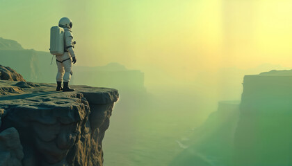 Poster - Astronaut stands on cliff edge in space looking at distant alien planet. Futuristic space suit protects explorer. Landscape hazy, misty. Exploration in outer space. Adventure in cosmos. Future tech.