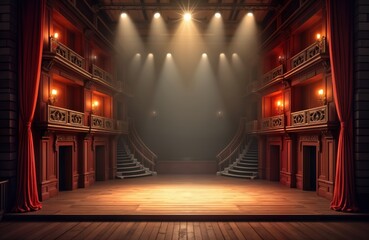 Aufkleber - Empty theater stage bathed in warm spotlight glow. Artistic lighting design creates dramatic ambiance. Wooden stage floor, red curtains. Grand theater space ready for performance. Indoor setting.