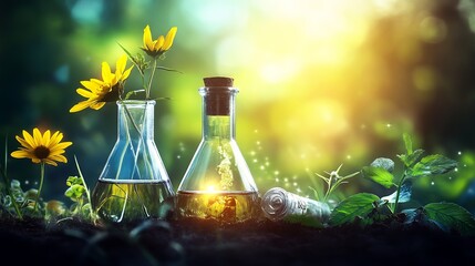 Poster - Beautiful Nature Scene with Glass Flasks and Wildflowers in Sunlight : Generative AI