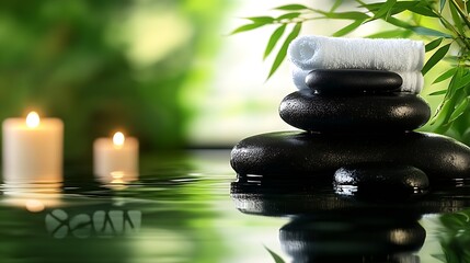 Aufkleber - Zen Stones and Candles Creating Tranquil Atmosphere in Natural Spa Setting : Generative AI