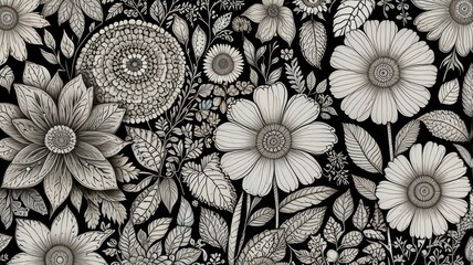 Wall Mural - Monochrome floral illustration with various flowers and leaves on black background.