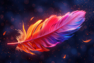 Poster - abstract image of a feather, brightly colored in blue, purple, pink and orange tones, with elements of luminous particles and highlights, on a dark background with red bokeh. 