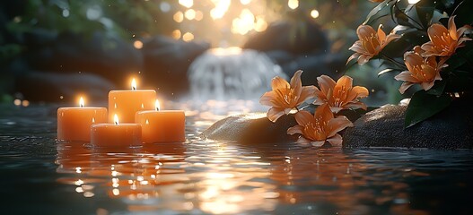 Poster - Serene Water Setting with Floating Candles and Vibrant Flowers by Gentle Waterfall : Generative AI
