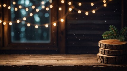 Wall Mural - Stack of wood slices display platform on rustic wood table mockup surface with cabin window and gold bokeh lights background